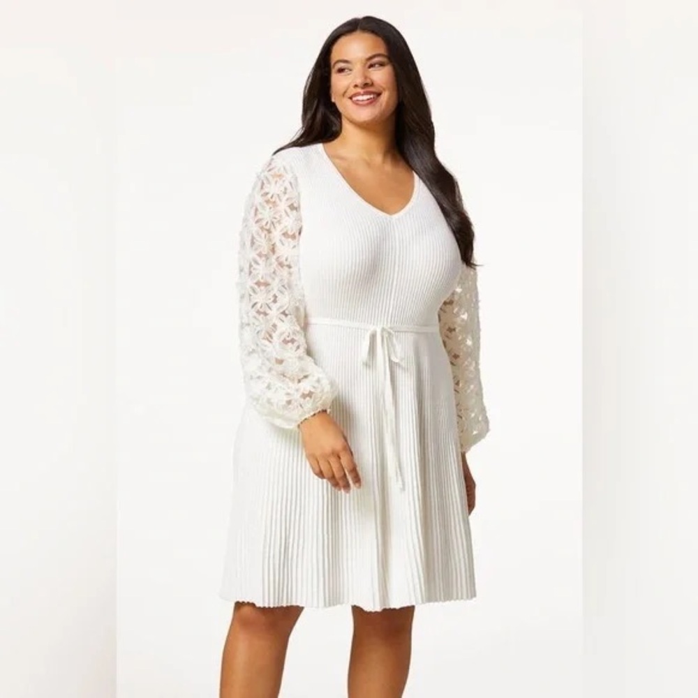 Cato | PLUS SIZE MESH FLORAL SLEEVE SWEATER DRESS IVORY BREEZE 18/20